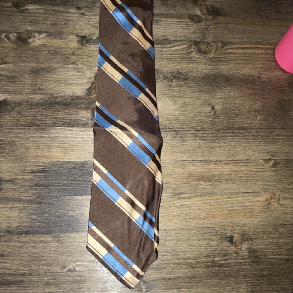 Vintage John Frederics Brown Blue Beige Striped Silk Neck Tie RN18240